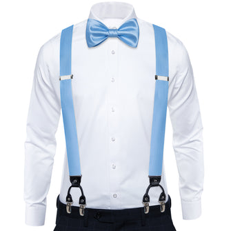 Light Blue Solid Brace Clip-on Men's Suspender with Bow Tie Set