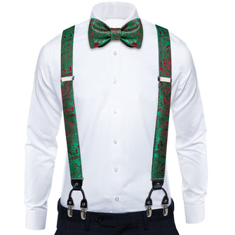 Green Red Floral Brace Clip-on Men's Suspender with Bow Tie Set