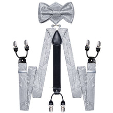 Grey Floral Brace Clip-on Men's Suspender with Bow Tie Set