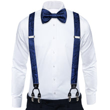 Dark Blue Floral Brace Clip-on Men's Suspender with Bow Tie Set