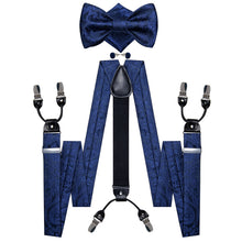 Dark Blue Floral Brace Clip-on Men's Suspender with Bow Tie Set