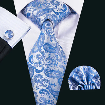 Silk Light Blue Necktie Pocket Square Cufflinks Set