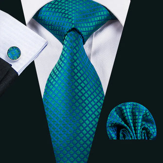 Luxury Teal Blue Plaid Necktie Pocket Square Cufflinks