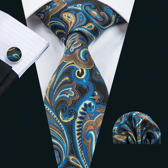 Elegent Blue Yellow Floral Tie Handkerchief Cufflinks Set