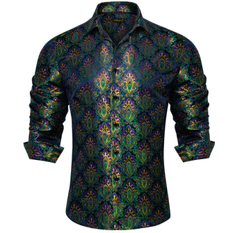 Dibangu Blue Green Floral Silk Men's Shirt