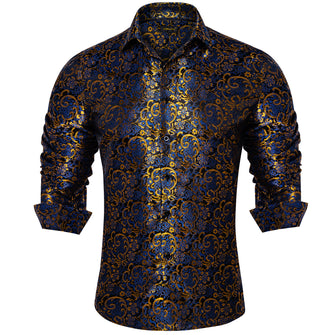 Dibangu New Blue Golden Floral Silk Men's Shirt