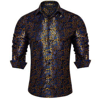 Dibangu Blue Golden Floral Silk Men's Shirt