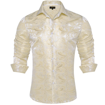 champagne dress shirt for Men New Champagne White Floral Silk Men's Long Sleeve Shirt