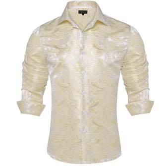 Shirts for Men New Champagne White Floral Silk Men's Long Sleeve Shirt