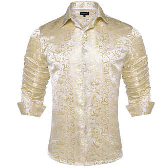 Dibangu New Champagne Gold Floral Silk Men's Shirt