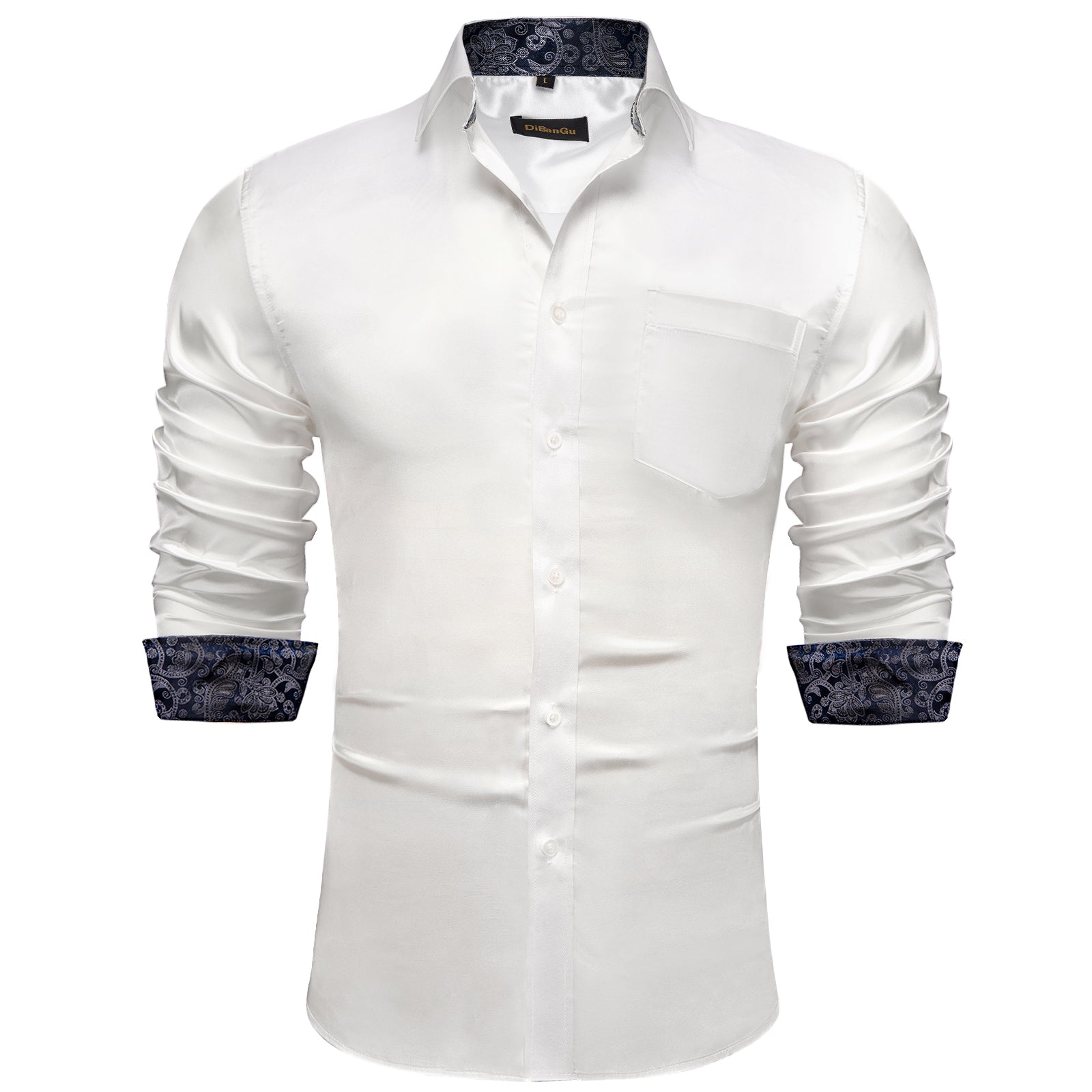 DiBanGu White Satin Solid Dress Shirt