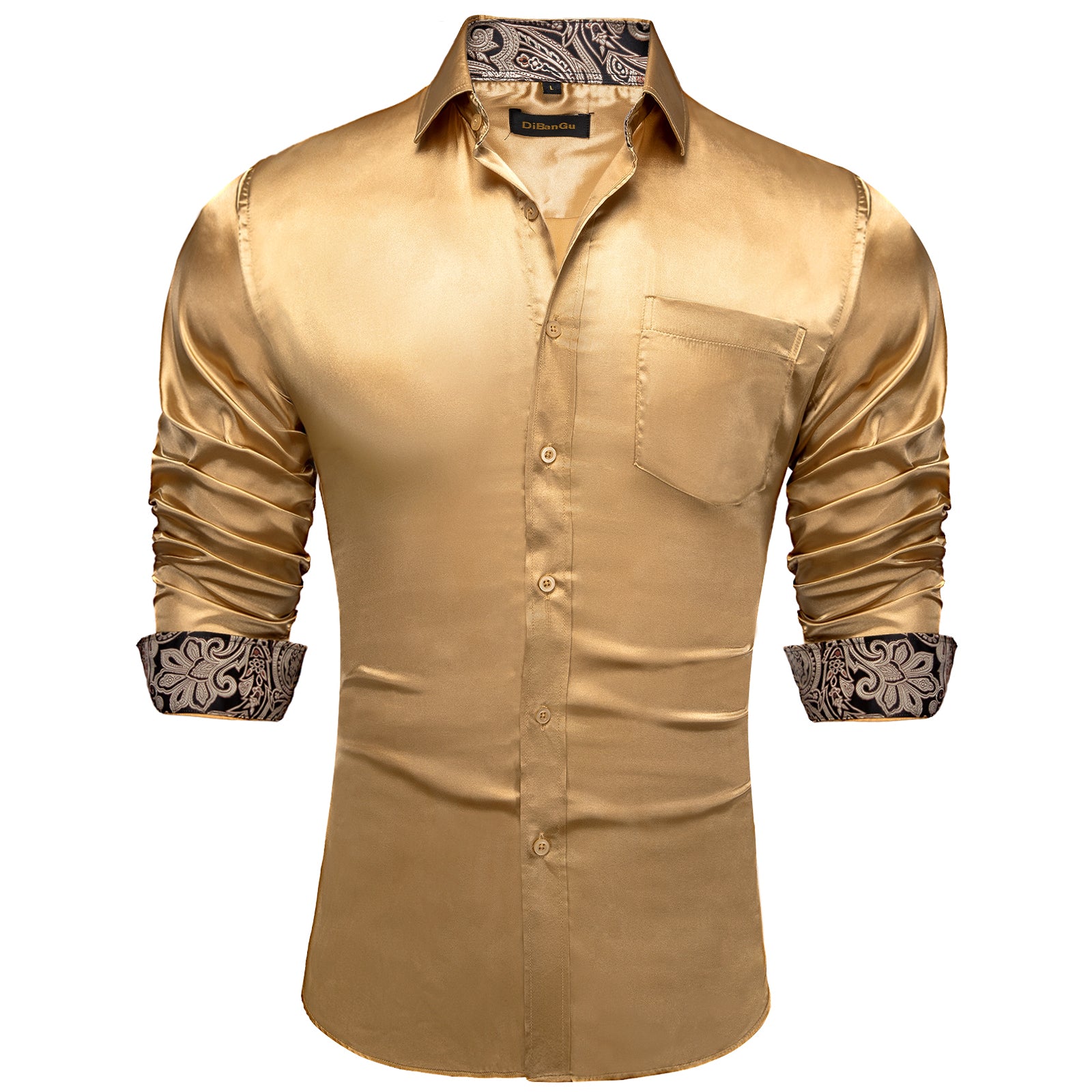 DiBanGu Men's Champagne Satin Panel Dress Shirt