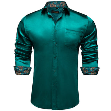DiBanGu Men's Green Satin Solid Dress Shirt
