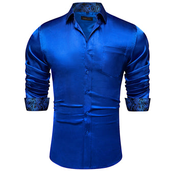 DiBanGu Men's Blue Satin Paisley Panel Dress Shirt
