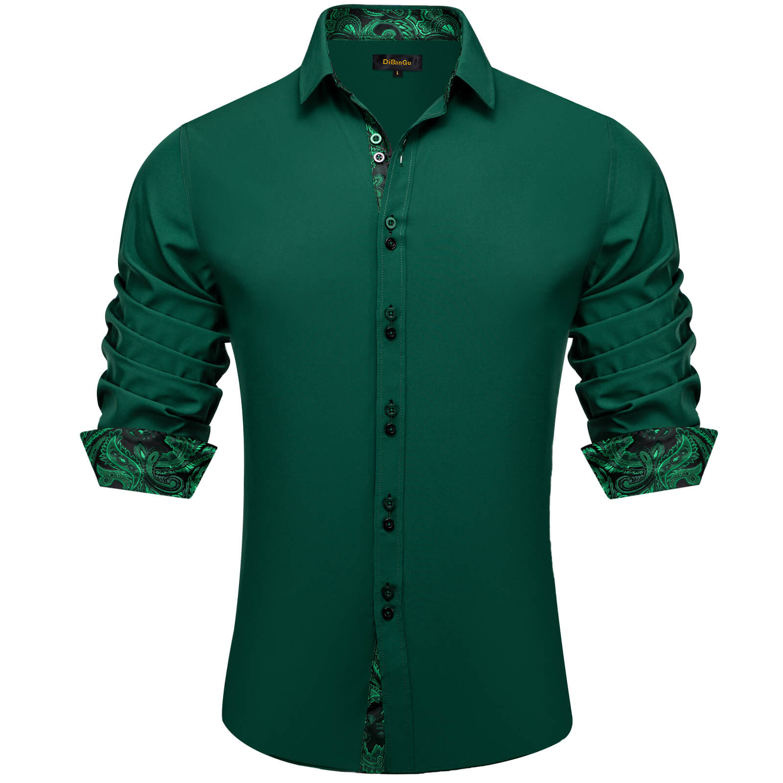 Sapphire Pine Green Solid Silk Long Sleeve Button Up Shirts for Men