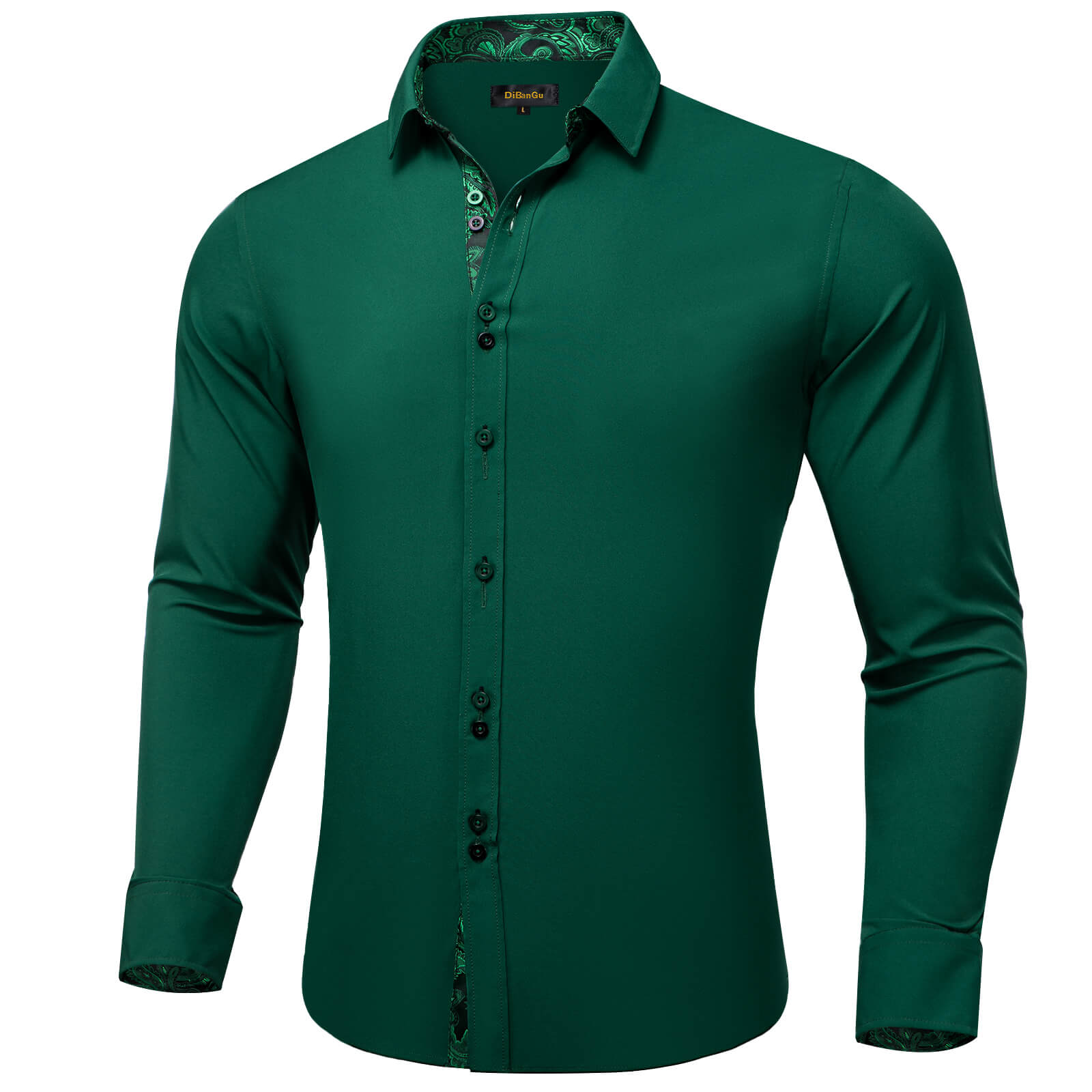 DiBanGu Men's Shirt Sapphire Pine Green Solid Silk Long Sleeve Shirt, L DiBanGu Men's Shirt Sapphire Pine Green Solid Silk Long Sleeve Shirt, L