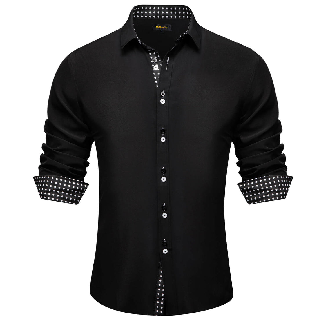  Black Solid White Splicing Silk Long Sleeve Shirt