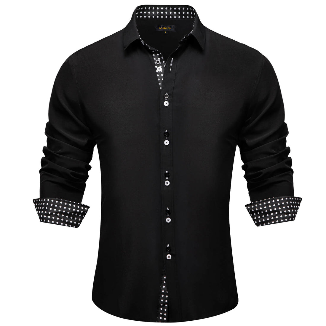  Black Solid White Splicing Silk Long Sleeve Shirt