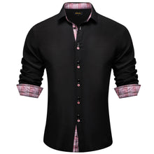 Black Solid Pink Splicing Silk Long Sleeve Shirt