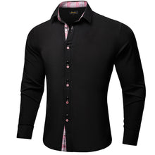 Black Solid Pink Splicing Silk Long Sleeve Shirt