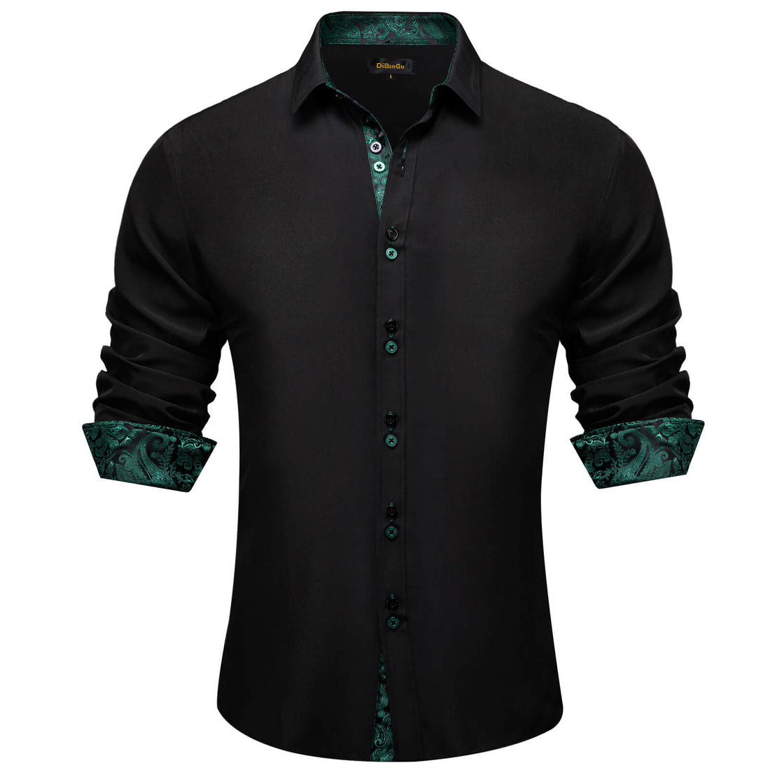 Black Solid Green Paisley Splicing Silk Shirt
