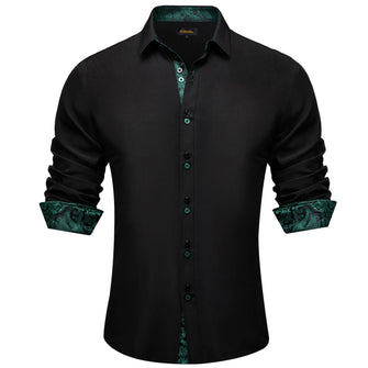 Black Solid Green Paisley Splicing Silk Shirt