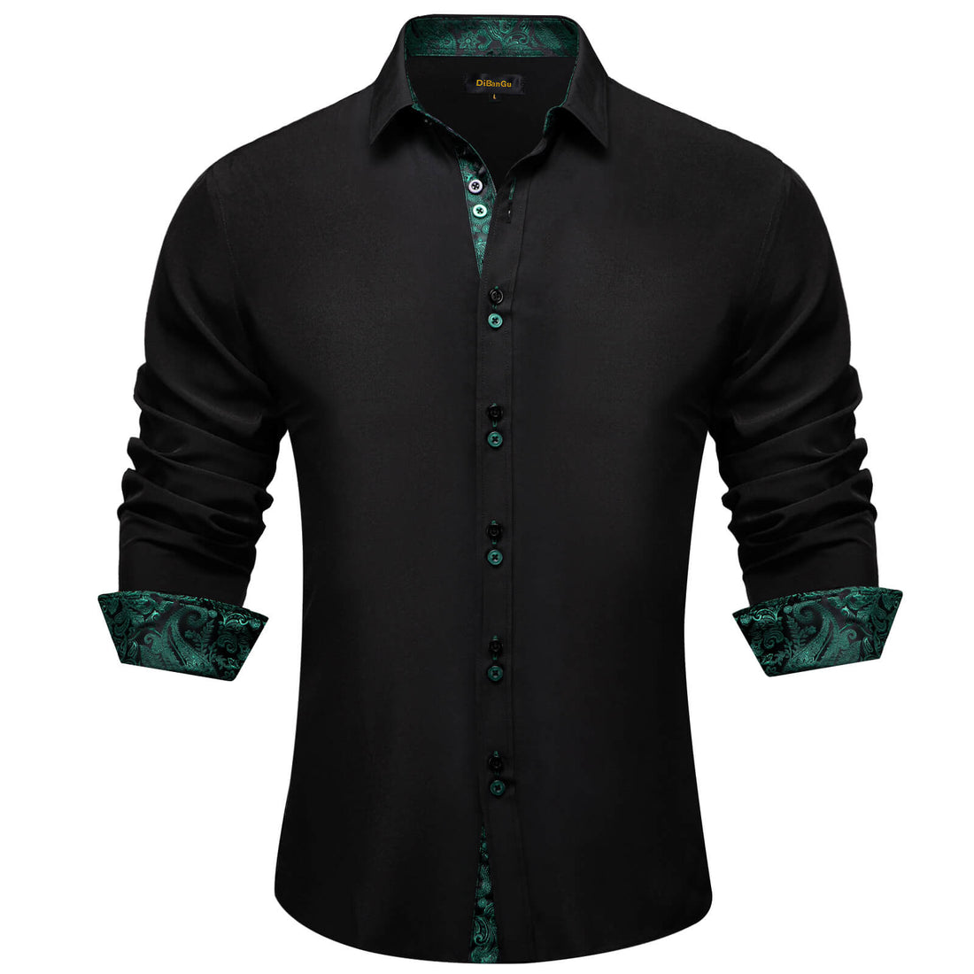Black Solid Green Paisley Splicing Silk Shirt