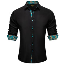 Black Solid Teal Paisley Splicing Silk Shirt