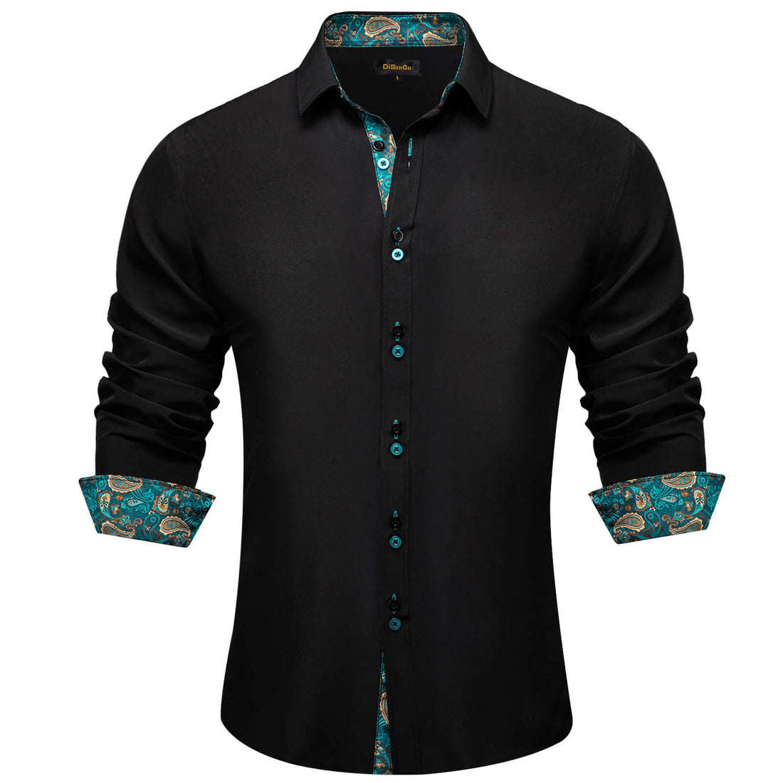 Black Solid Teal Paisley Splicing Silk Shirt