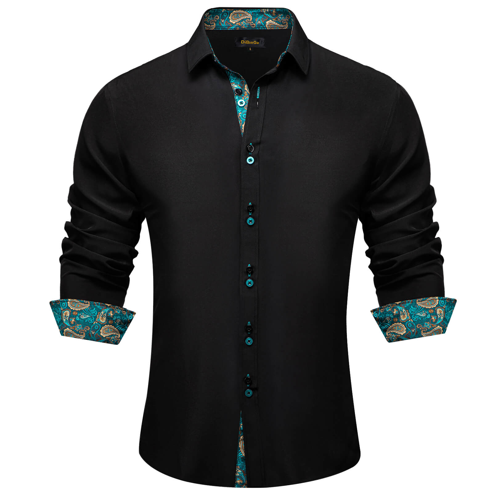Black Solid Teal Paisley Splicing Silk Shirt