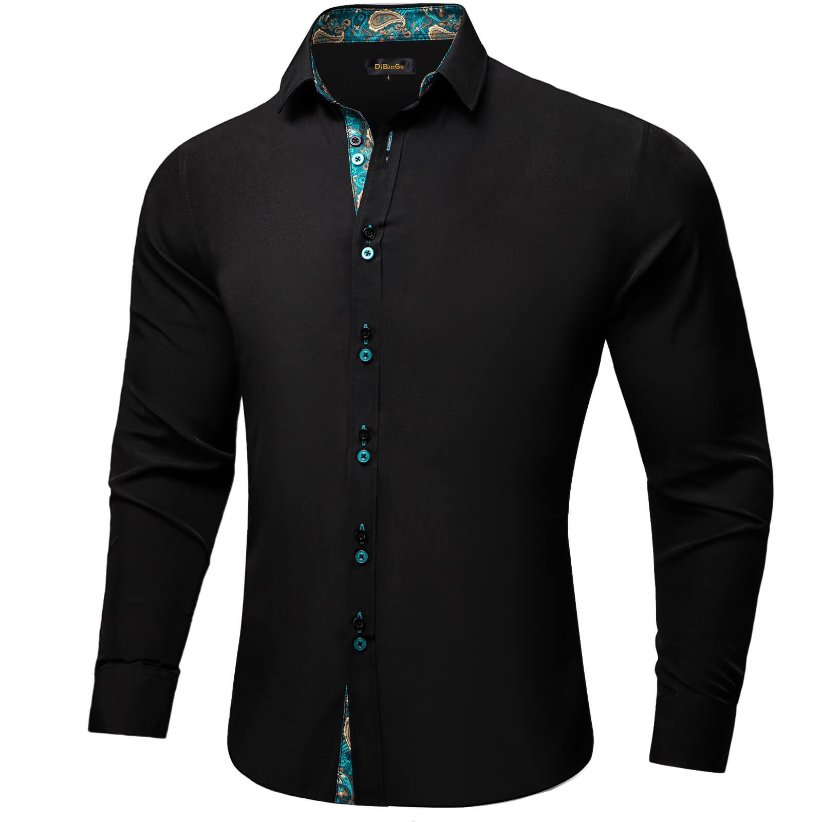 Black Solid Teal Paisley Splicing Silk Shirt