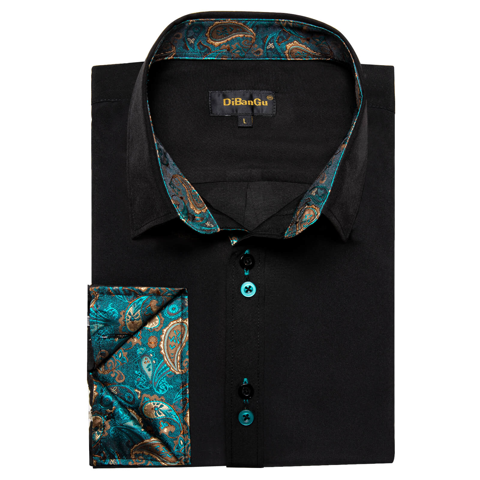 Black Solid Teal Paisley Splicing Silk Shirt