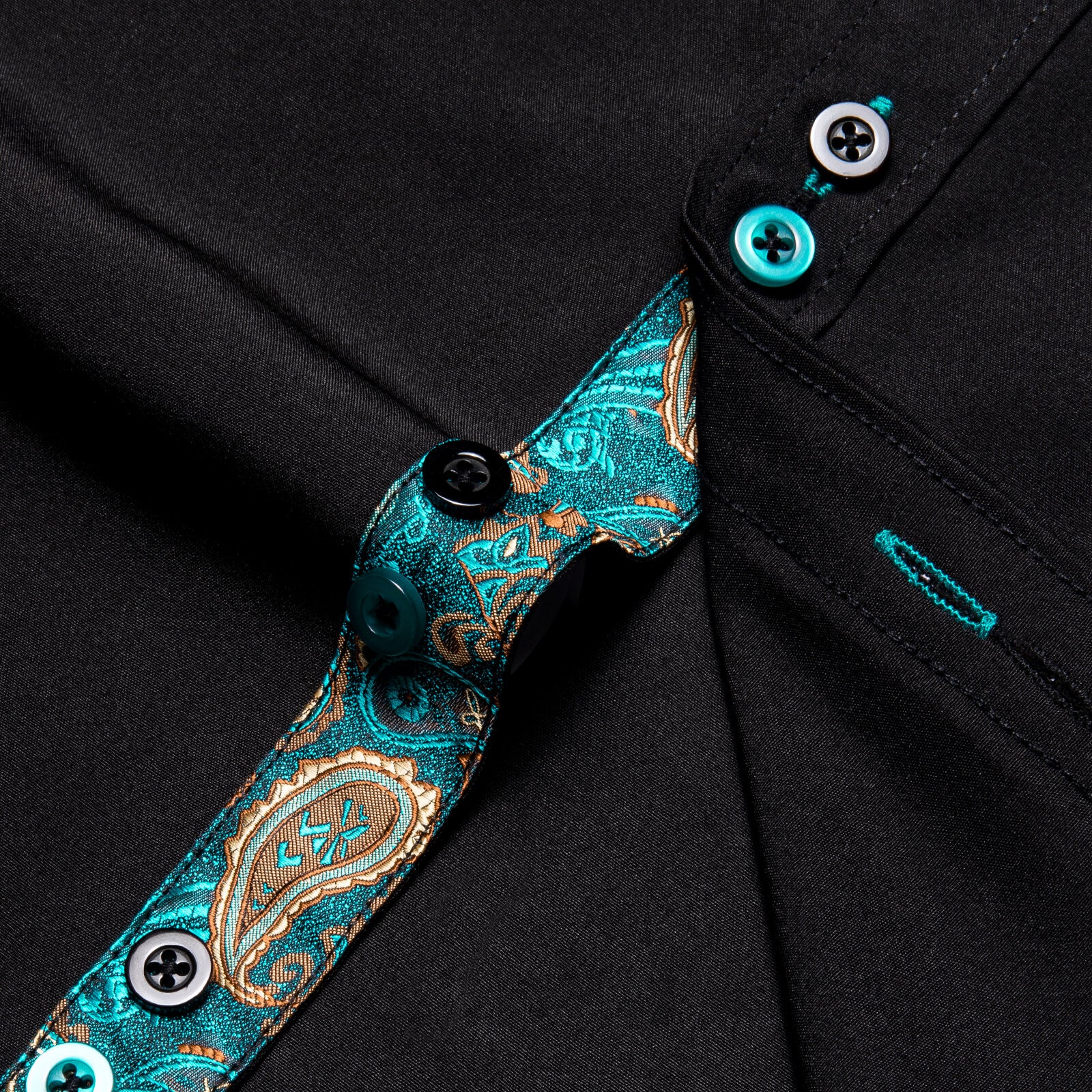 Black Solid Teal Paisley Splicing Silk Shirt