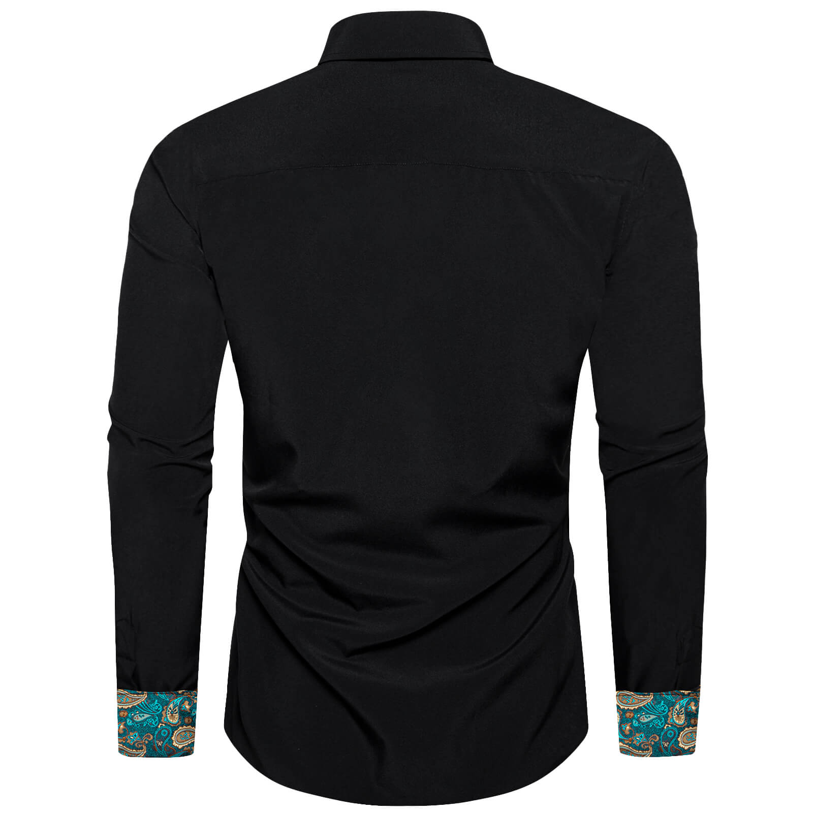 Black Solid Teal Paisley Splicing Silk Shirt