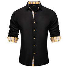Black Solid Yellow Plaid Splicing Dress Silk Shirt