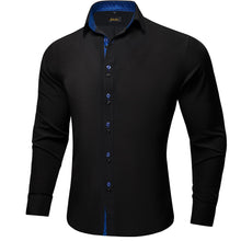  Black Solid Blue Plaid Splicing Silk Long Sleeve Shirt