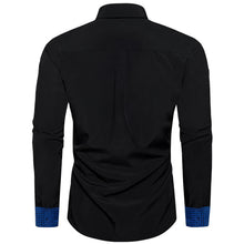  Black Solid Blue Plaid Splicing Silk Long Sleeve Shirt