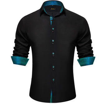 Black Solid Green Blue Plaid Splicing Silk Shirt