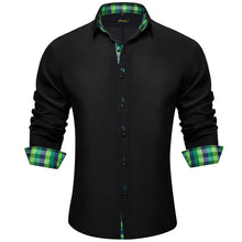 Black Solid Green Blue Plaid Splicing Long Sleeve Shirt