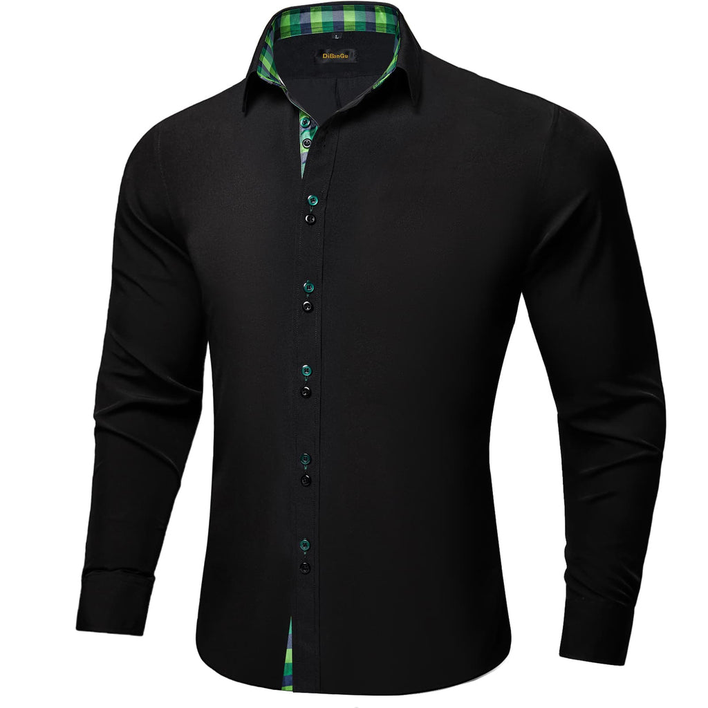 DiBanGu Men's Dress Shirt - Solid Black Long Sleeve Button Down, Contrast Trim, Business Casual Fit