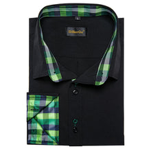 Black Solid Green Blue Plaid Splicing Long Sleeve Shirt