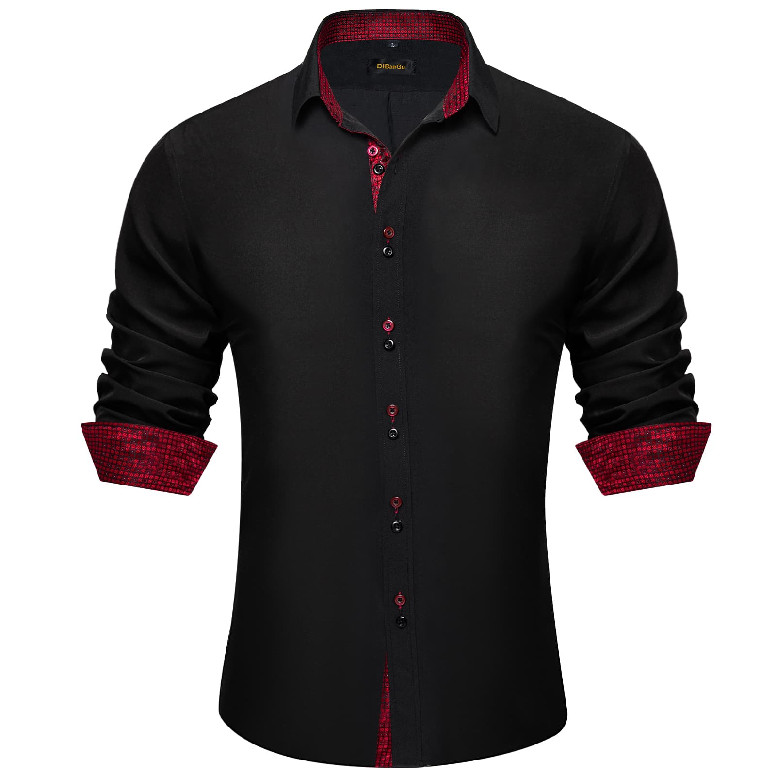  Black Solid Red Plaid Splicing Long Sleeve Shirt