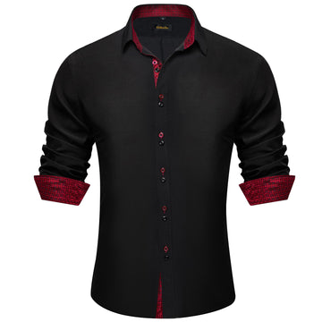  Black Solid Red Plaid Splicing Long Sleeve Shirt