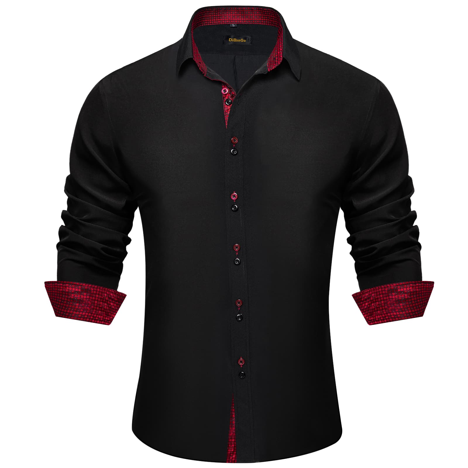  Black Solid Red Plaid Splicing Long Sleeve Shirt