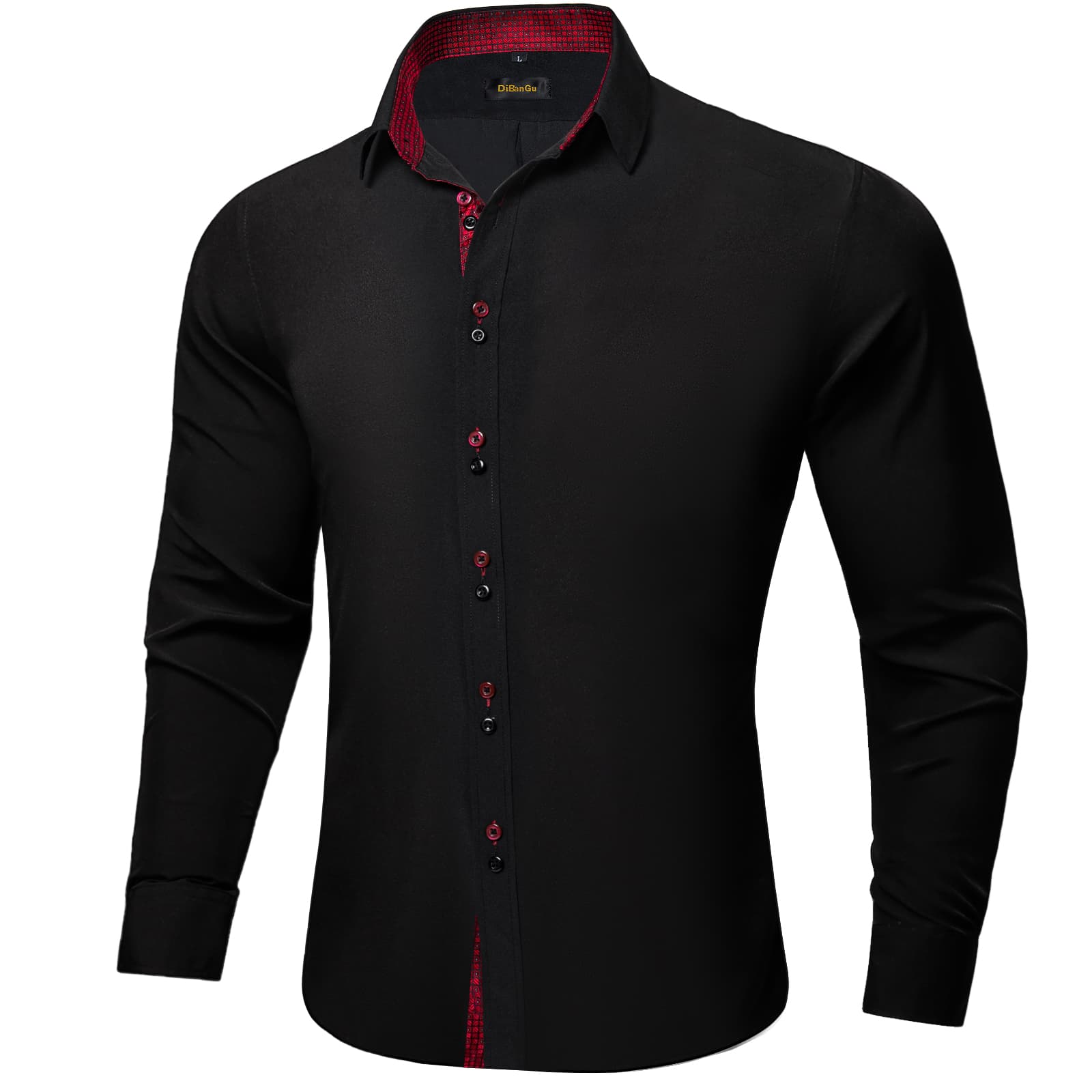  Black Solid Red Plaid Splicing Long Sleeve Shirt
