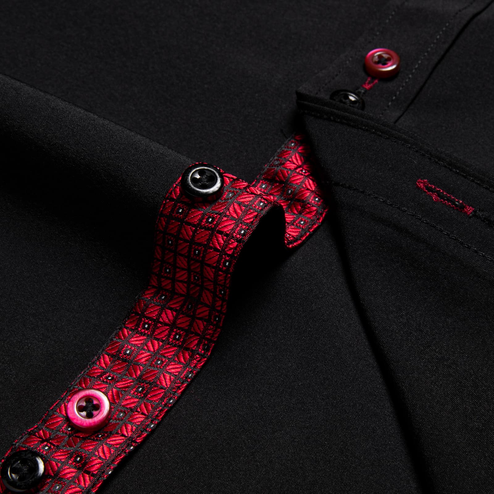  Black Solid Red Plaid Splicing Long Sleeve Shirt