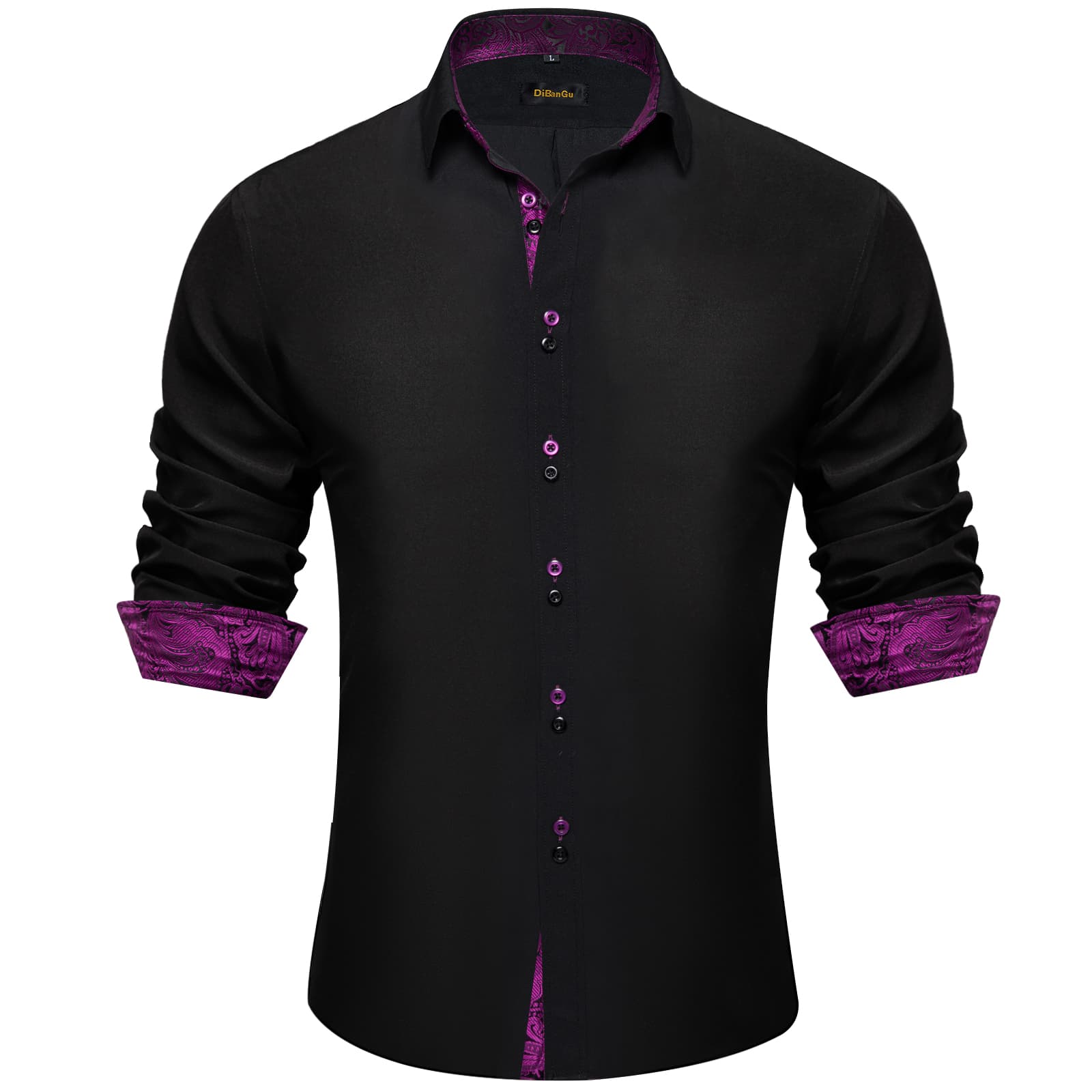  Black Solid Purple Floral Splicing Button Down Shirt