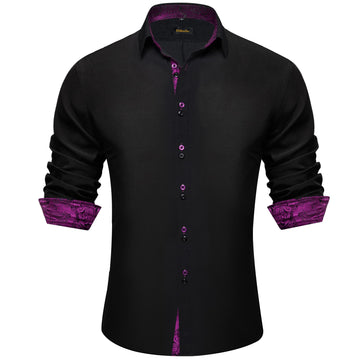  Black Solid Purple Floral Splicing Button Down Shirt