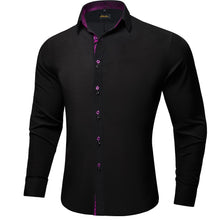  Black Solid Purple Floral Splicing Button Down Shirt