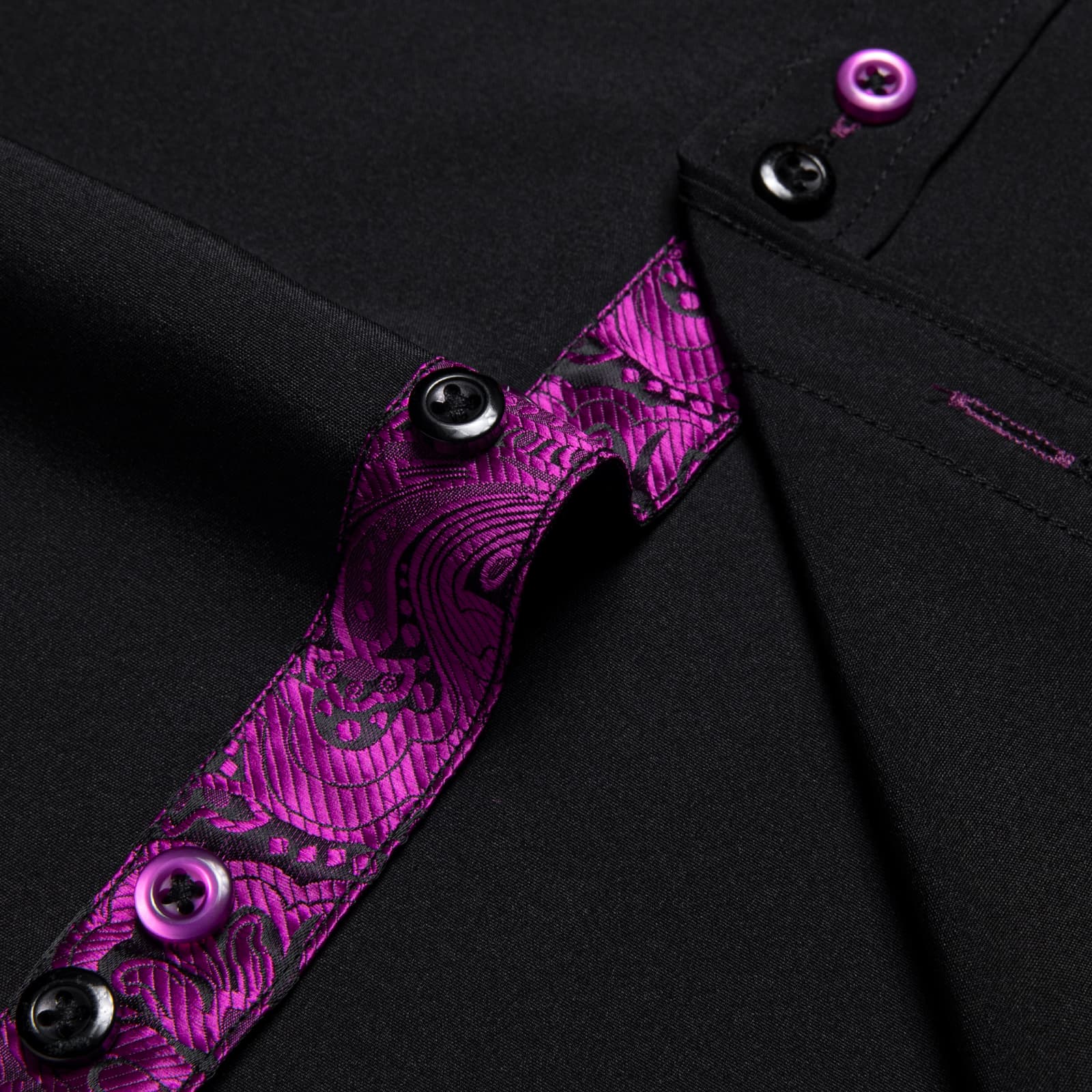  Black Solid Purple Floral Splicing Button Down Shirt